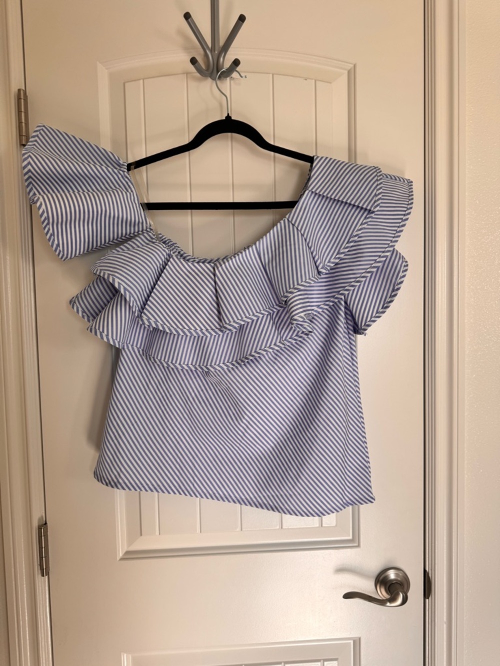 Main Strip Blue and White Striped One-Shoulder Ruffle Top